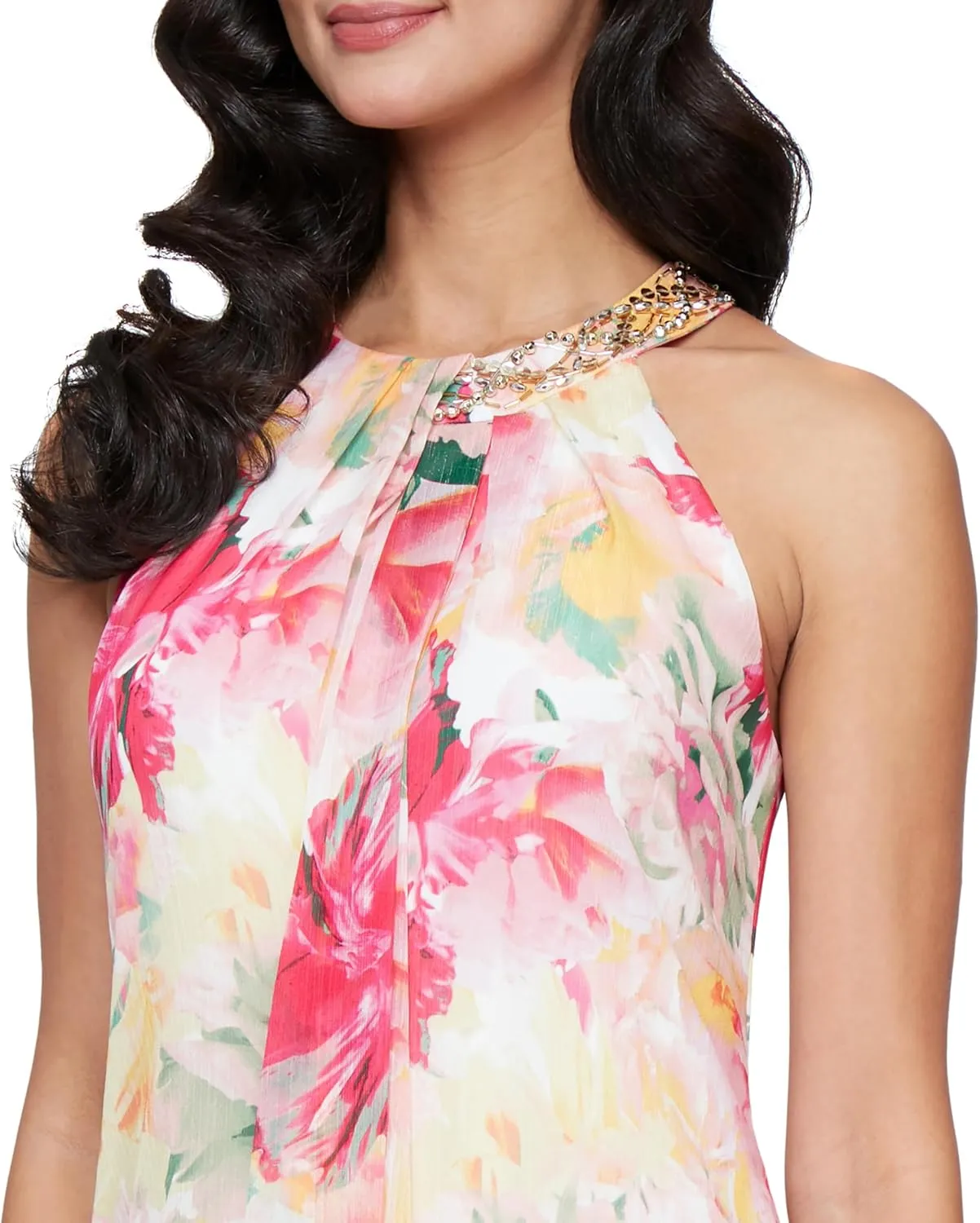 S.L. Fashions Women's Sleeveless Halter Neck Long Maxi Dress with Beaded Neckline (Petite and Regular Sizes)