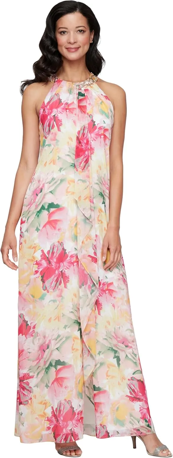 S.L. Fashions Women's Sleeveless Halter Neck Long Maxi Dress with Beaded Neckline (Petite and Regular Sizes)
