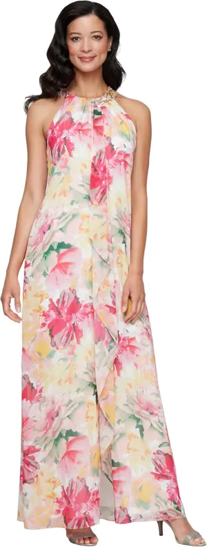 S.L. Fashions Women's Sleeveless Halter Neck Long Maxi Dress with Beaded Neckline (Petite and Regular Sizes)