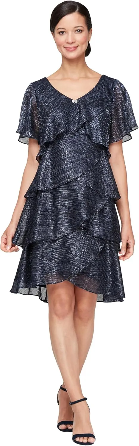 S.L. Fashions Women's Tiered Boudre Cocktail Dress with Embellished Neckline, Wedding Guest Gown (Petite and Regular Sizes)