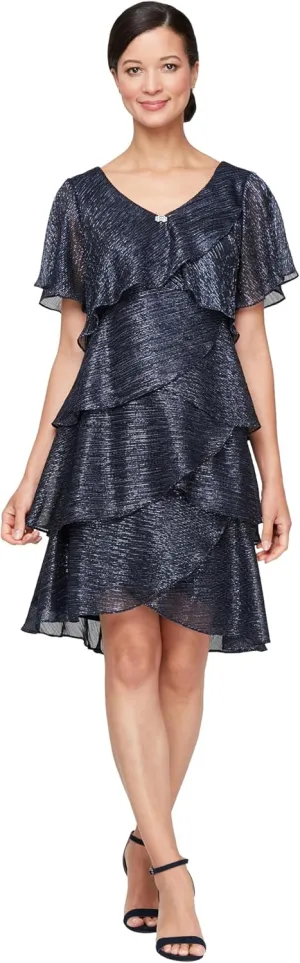 S.L. Fashions Women's Tiered Boudre Cocktail Dress with Embellished Neckline, Wedding Guest Gown (Petite and Regular Sizes)
