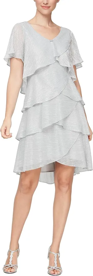 S.L. Fashions Women's Tiered Boudre Cocktail Dress with Embellished Neckline, Wedding Guest Gown (Petite and Regular Sizes)
