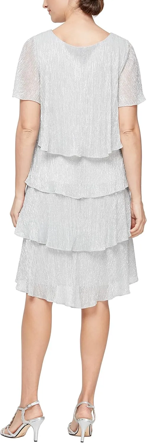 S.L. Fashions Women's Tiered Boudre Cocktail Dress with Embellished Neckline, Wedding Guest Gown (Petite and Regular Sizes)