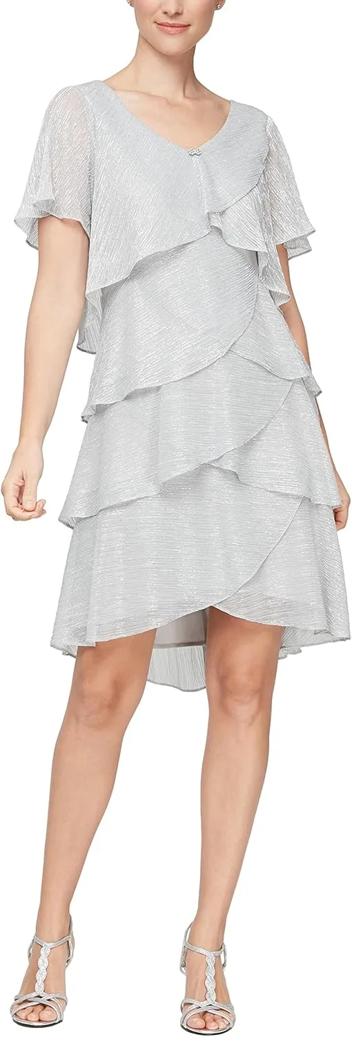 S.L. Fashions Women's Tiered Boudre Cocktail Dress with Embellished Neckline, Wedding Guest Gown (Petite and Regular Sizes)