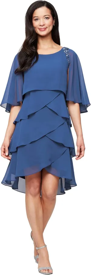 S.L. Fashions Women's Tiered Chiffon Cocktail Party Dress with Attached Cape & Beaded Shoulders (Petite and Regular Sizes)