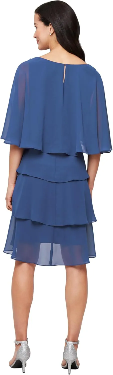 S.L. Fashions Women's Tiered Chiffon Cocktail Party Dress with Attached Cape & Beaded Shoulders (Petite and Regular Sizes)