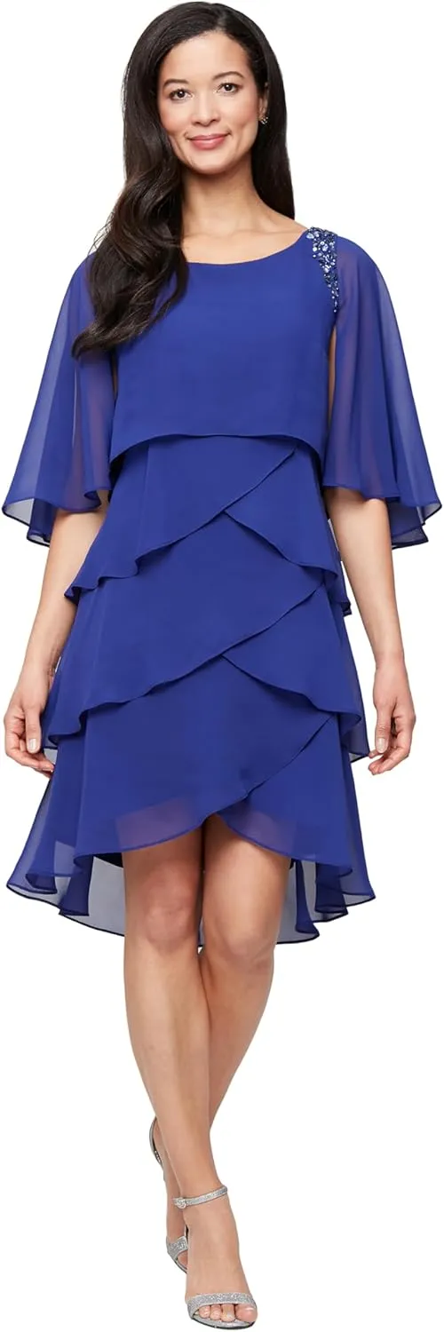 S.L. Fashions Women's Tiered Chiffon Cocktail Party Dress with Attached Cape & Beaded Shoulders (Petite and Regular Sizes)