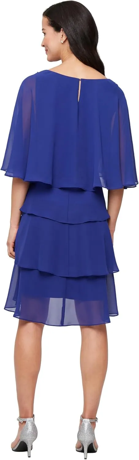S.L. Fashions Women's Tiered Chiffon Cocktail Party Dress with Attached Cape & Beaded Shoulders (Petite and Regular Sizes)