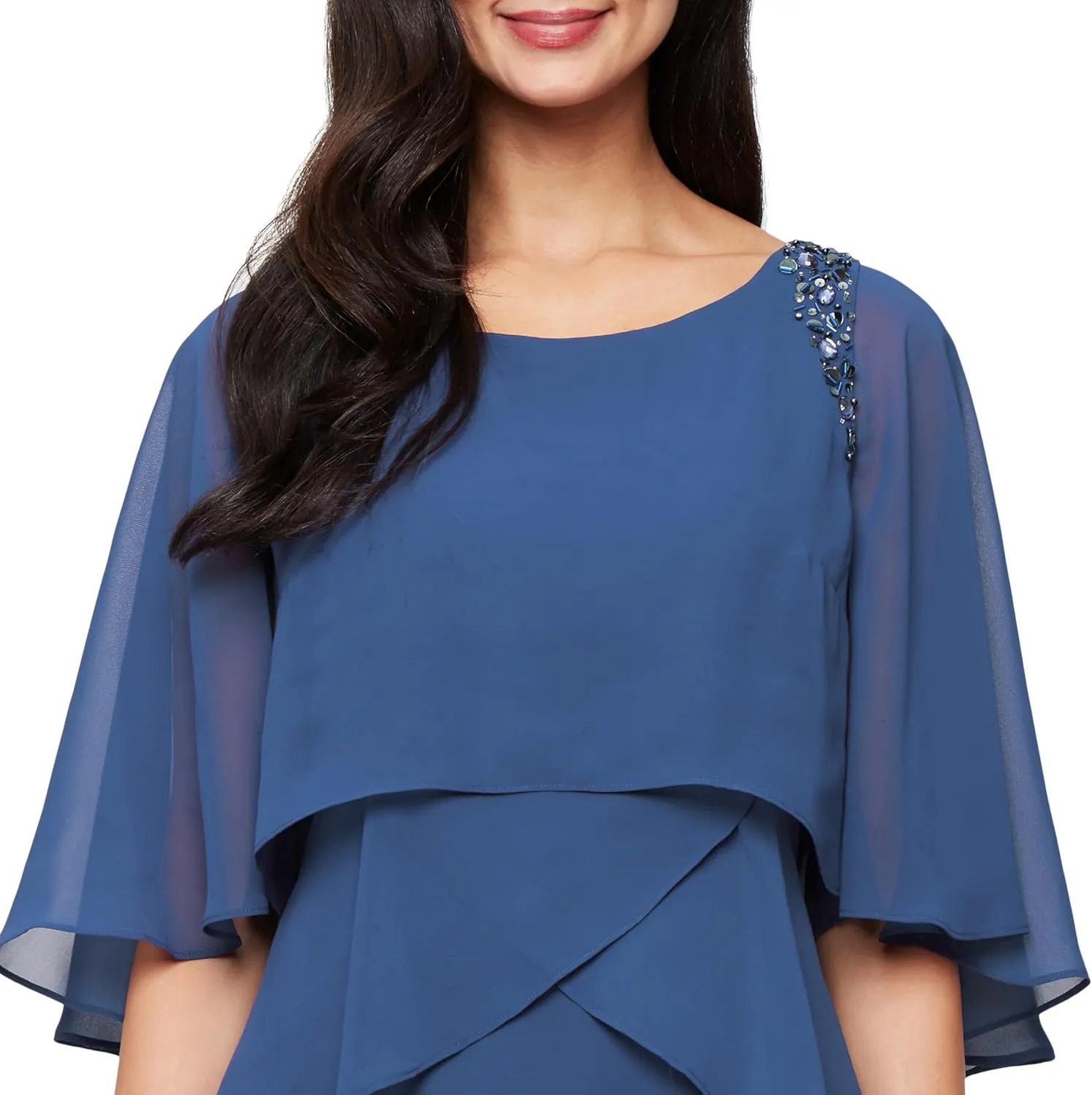 S.L. Fashions Women's Tiered Chiffon Cocktail Party Dress with Attached Cape & Beaded Shoulders (Petite and Regular Sizes)