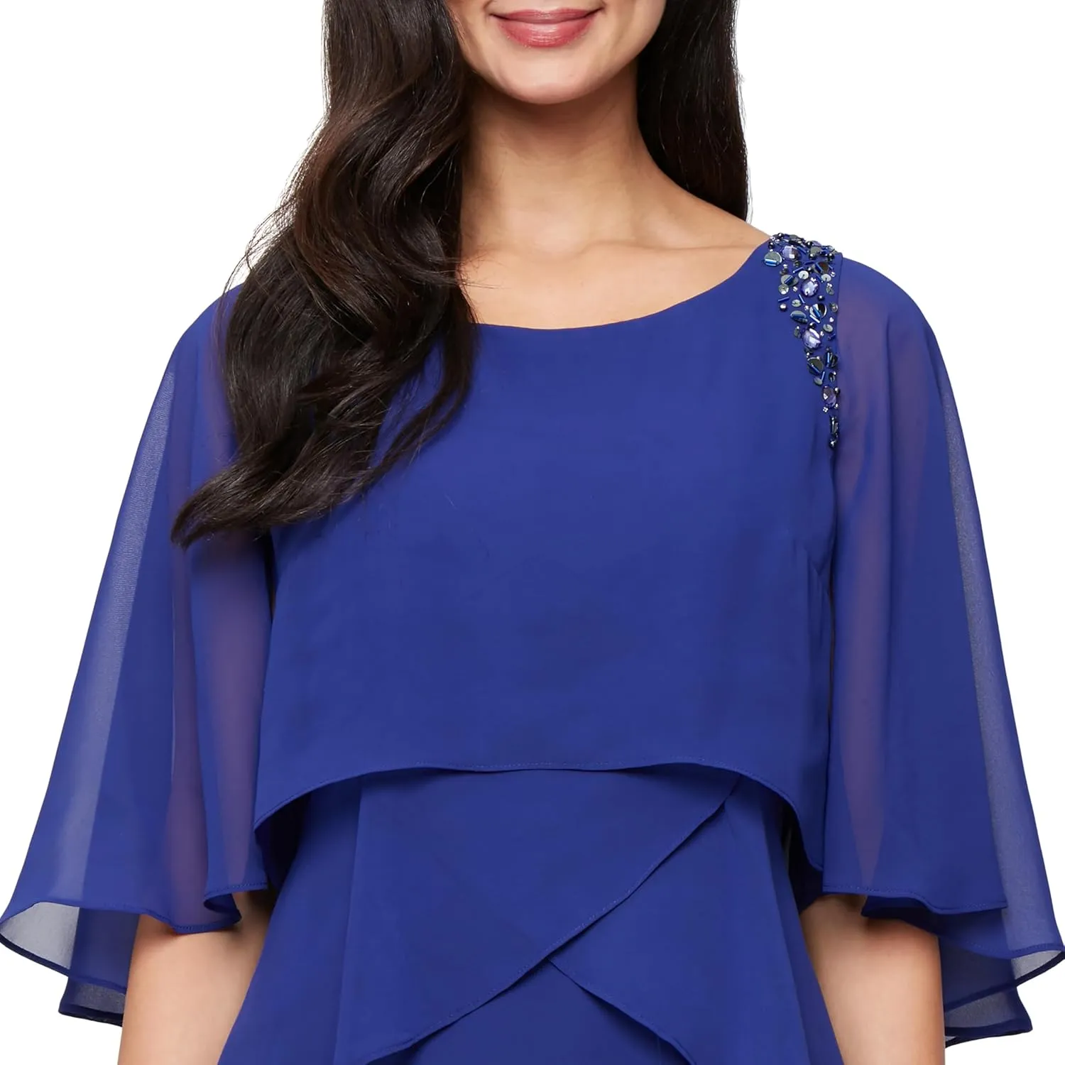 S.L. Fashions Women's Tiered Chiffon Cocktail Party Dress with Attached Cape & Beaded Shoulders (Petite and Regular Sizes)