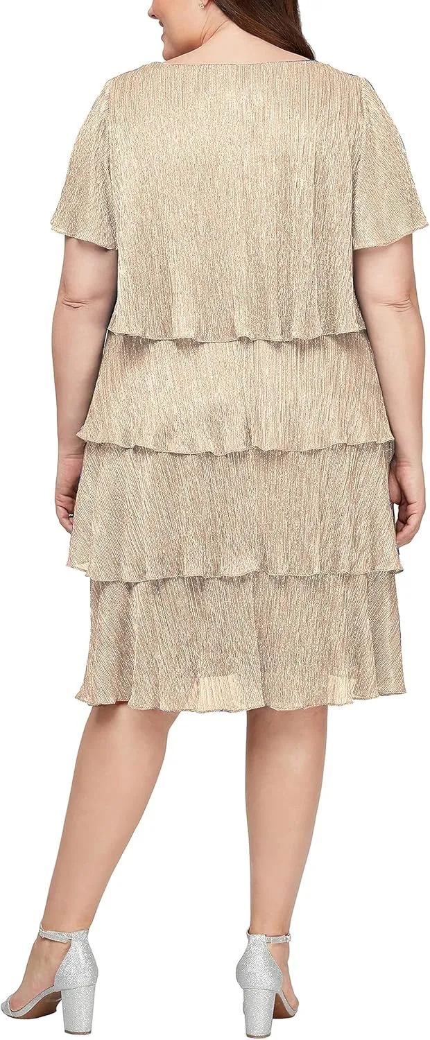 S.L. Fashions Women's V-Neck Tiered Boudre Cocktail Dress with Crystal Beaded Detail, Wedding Guest Gown (Plus Size)