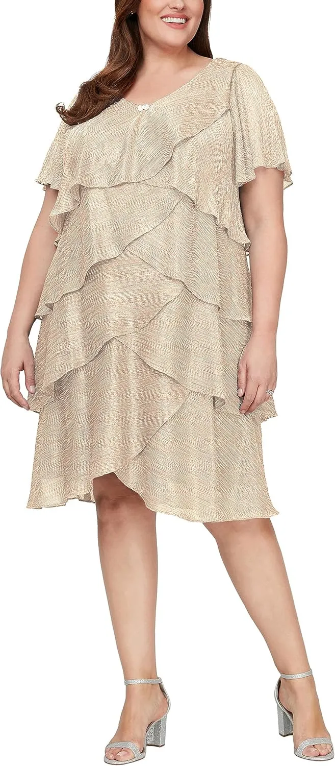 S.L. Fashions Women's V-Neck Tiered Boudre Cocktail Dress with Crystal Beaded Detail, Wedding Guest Gown (Plus Size)