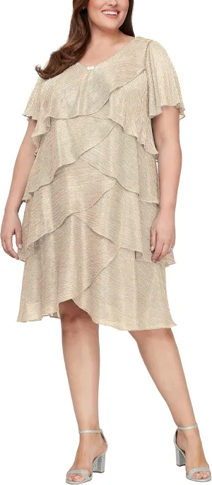 S.L. Fashions Women's V-Neck Tiered Boudre Cocktail Dress with Crystal Beaded Detail, Wedding Guest Gown (Plus Size)
