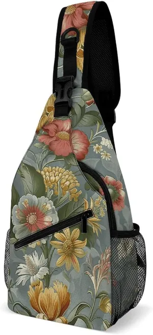 Sling Bags for Women Men Green Vintage Flowers Sling Backpack Adjustable Belt Casual Chest Daypack Bum Bags Fanny Pack for Travel Sports Running Hiking Waist Packs