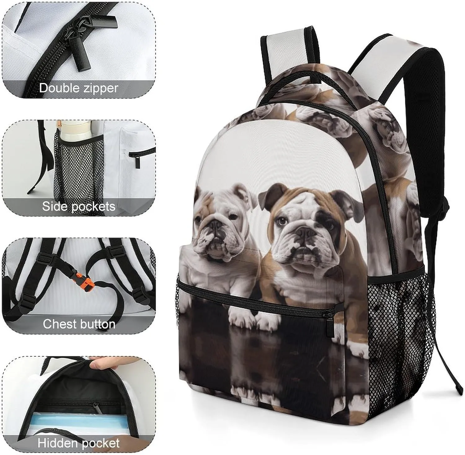 Small Backpacks Personalized Two Cute Bulldog Dogs Printing Travel Bag Lightweight Travel Backpack For Women Men