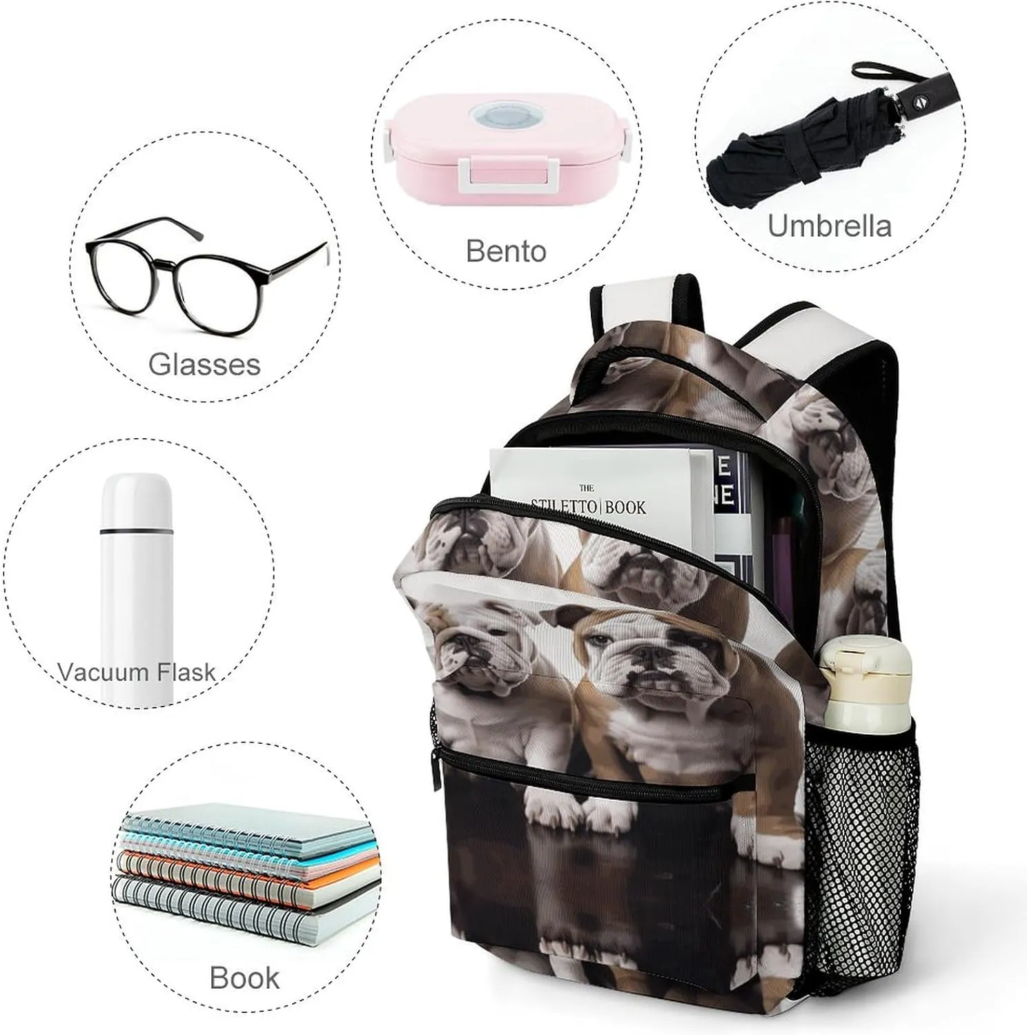 Small Backpacks Personalized Two Cute Bulldog Dogs Printing Travel Bag Lightweight Travel Backpack For Women Men