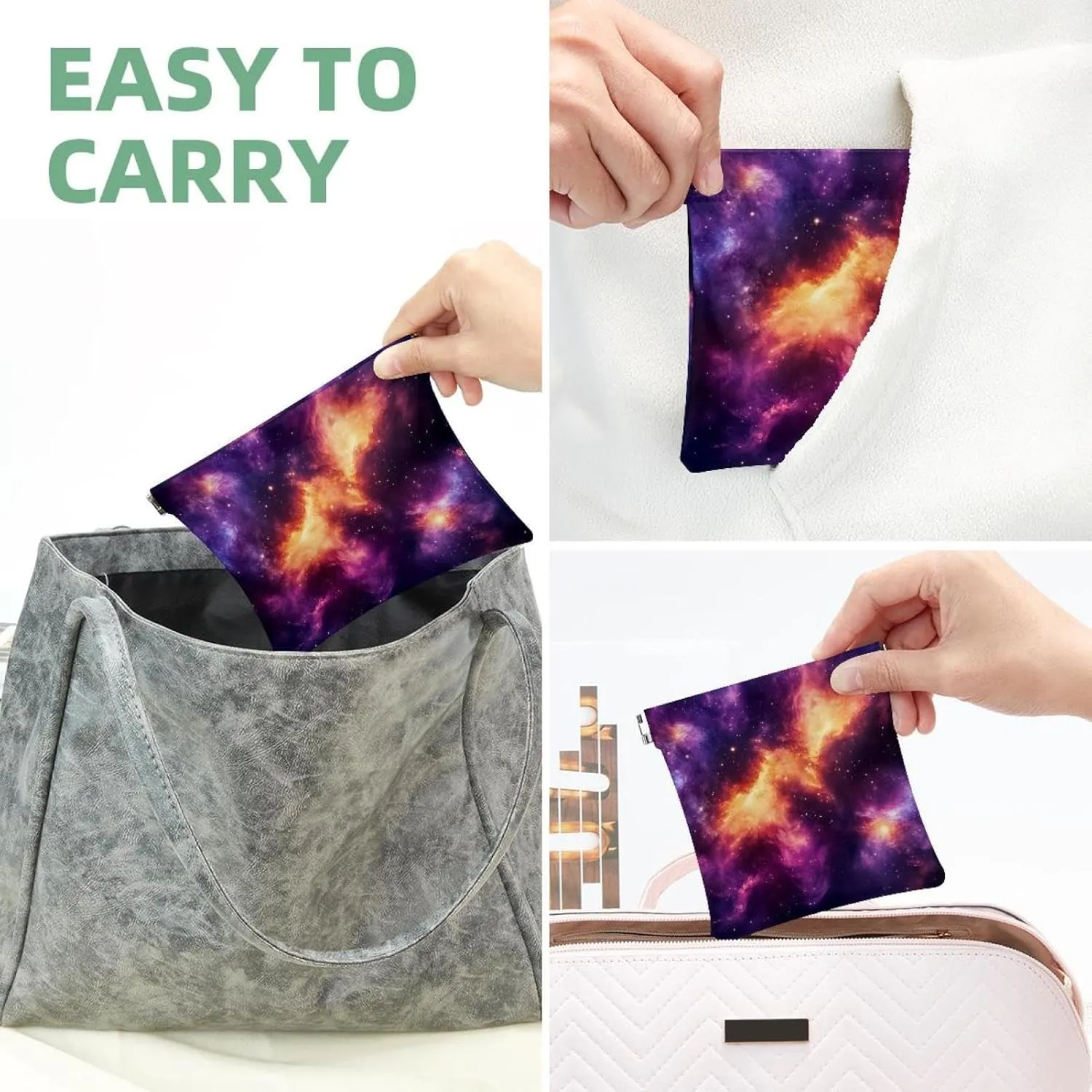 Small Pocket Cosmetic Bag, Squeeze Top Travel Makeup Bag for Purse, No Zipper Self-Closing Mini Makeup Pouch for Women Girls, Stary Night Cosmos Universe Astronomy