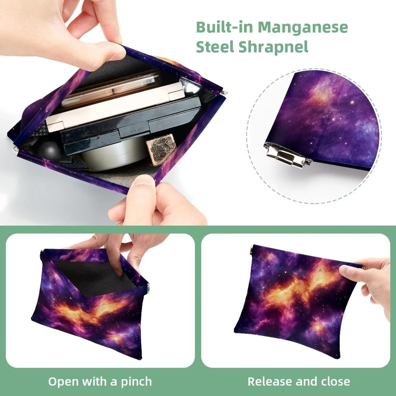 Small Pocket Cosmetic Bag, Squeeze Top Travel Makeup Bag for Purse, No Zipper Self-Closing Mini Makeup Pouch for Women Girls, Stary Night Cosmos Universe Astronomy