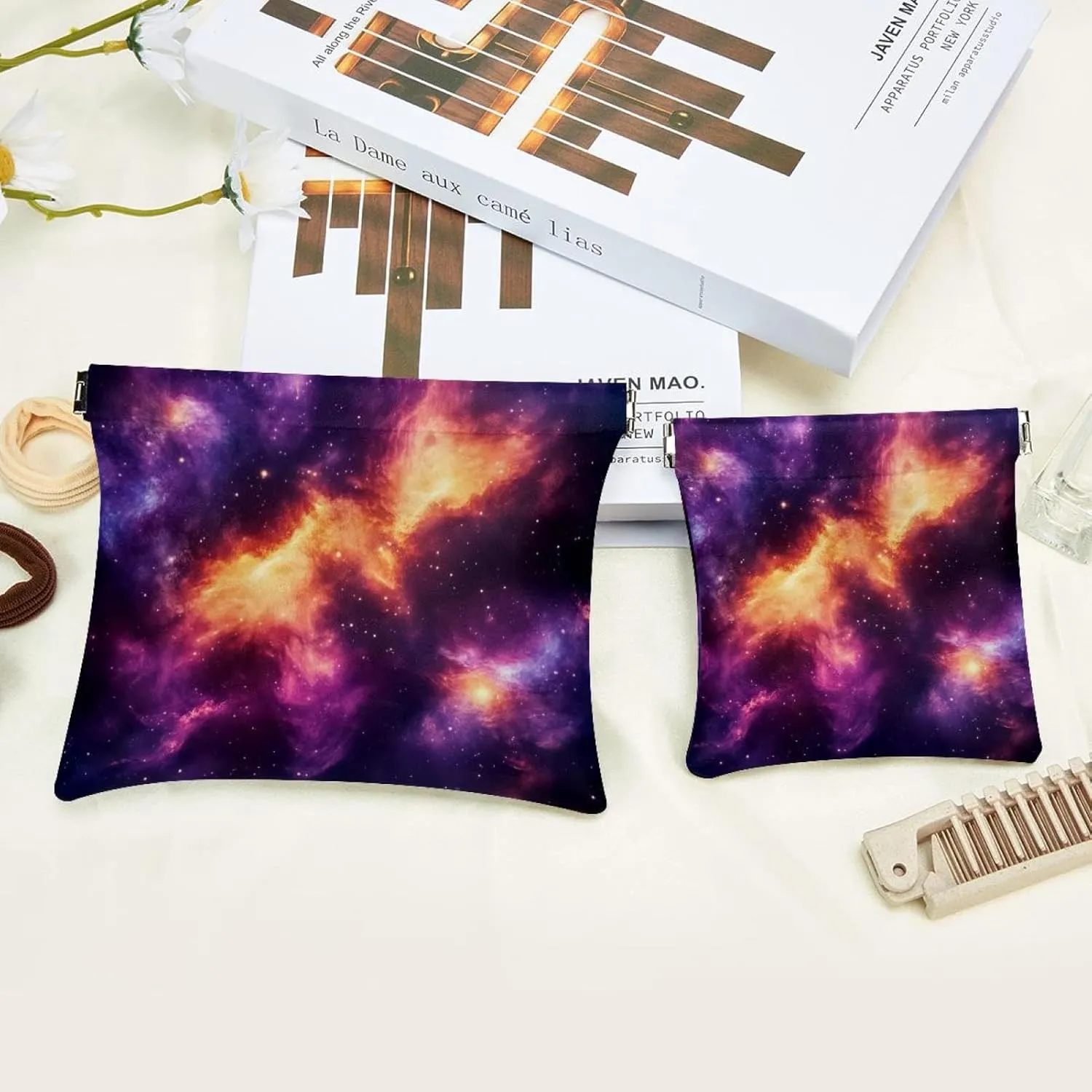 Small Pocket Cosmetic Bag, Squeeze Top Travel Makeup Bag for Purse, No Zipper Self-Closing Mini Makeup Pouch for Women Girls, Stary Night Cosmos Universe Astronomy