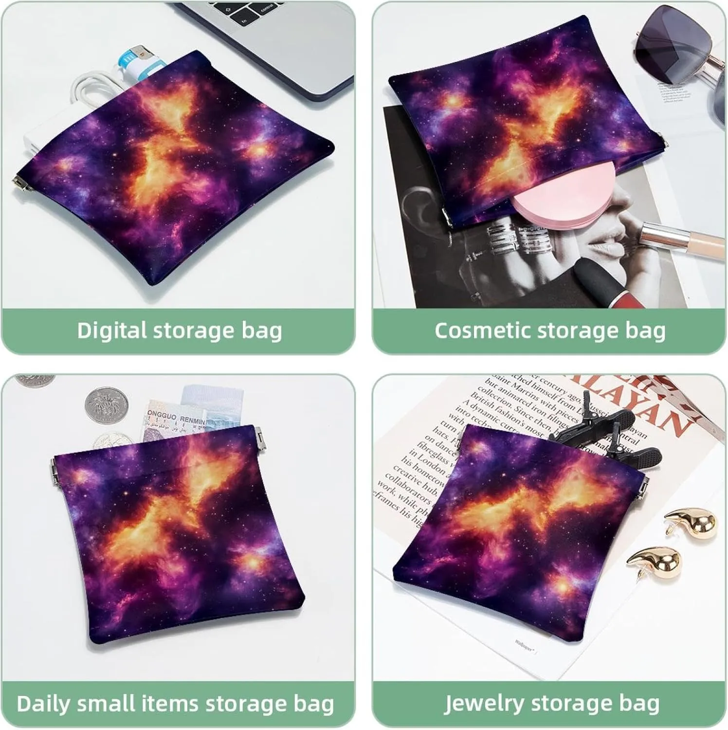 Small Pocket Cosmetic Bag, Squeeze Top Travel Makeup Bag for Purse, No Zipper Self-Closing Mini Makeup Pouch for Women Girls, Stary Night Cosmos Universe Astronomy