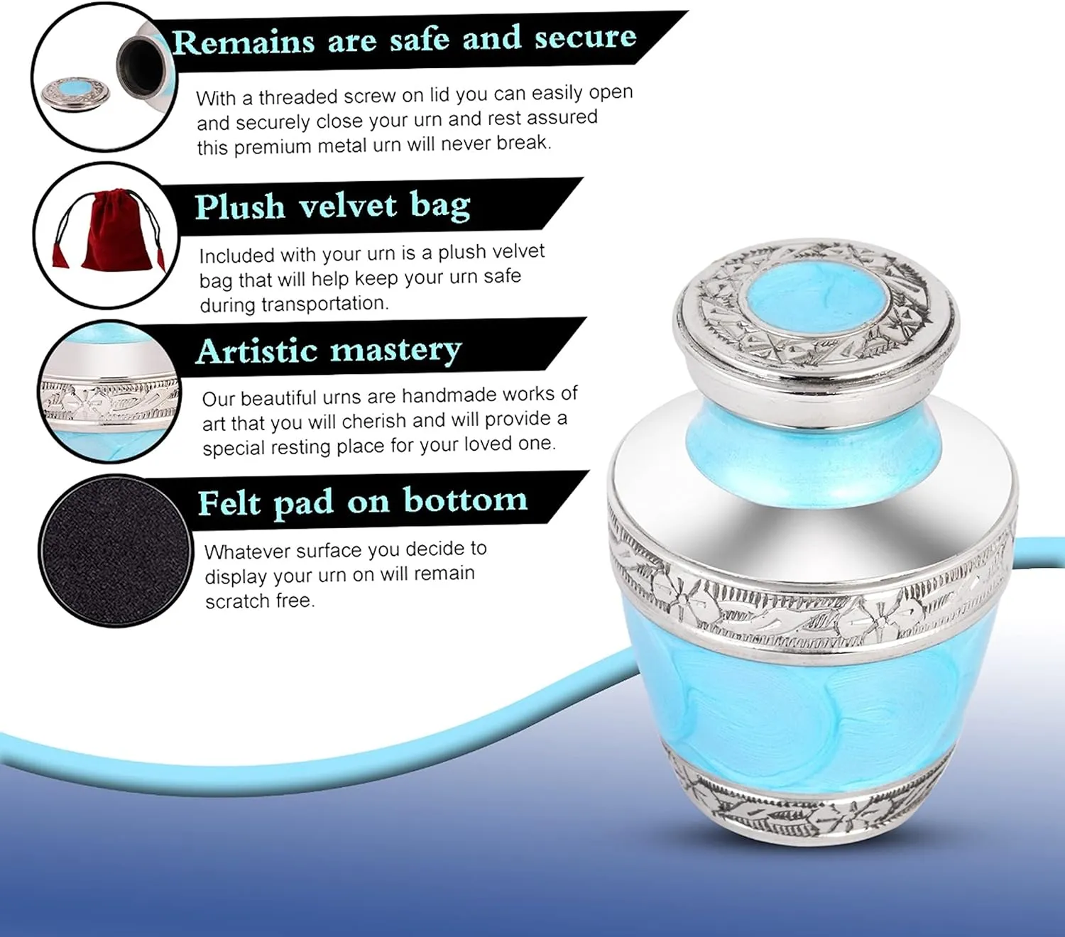 Small Urns for Human Ashes Adult Female and Male | Gift Set of Ocean Blue Small Aesthetic Keepsake Urn | A Velvet Carry Bag | A Paper Funnel | Premium Gift Box