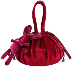 Soft Velvet Makeup Pouch with Cute Bunny Charm - Ideal for On - the - Go Beauty Needs! (Wine)
