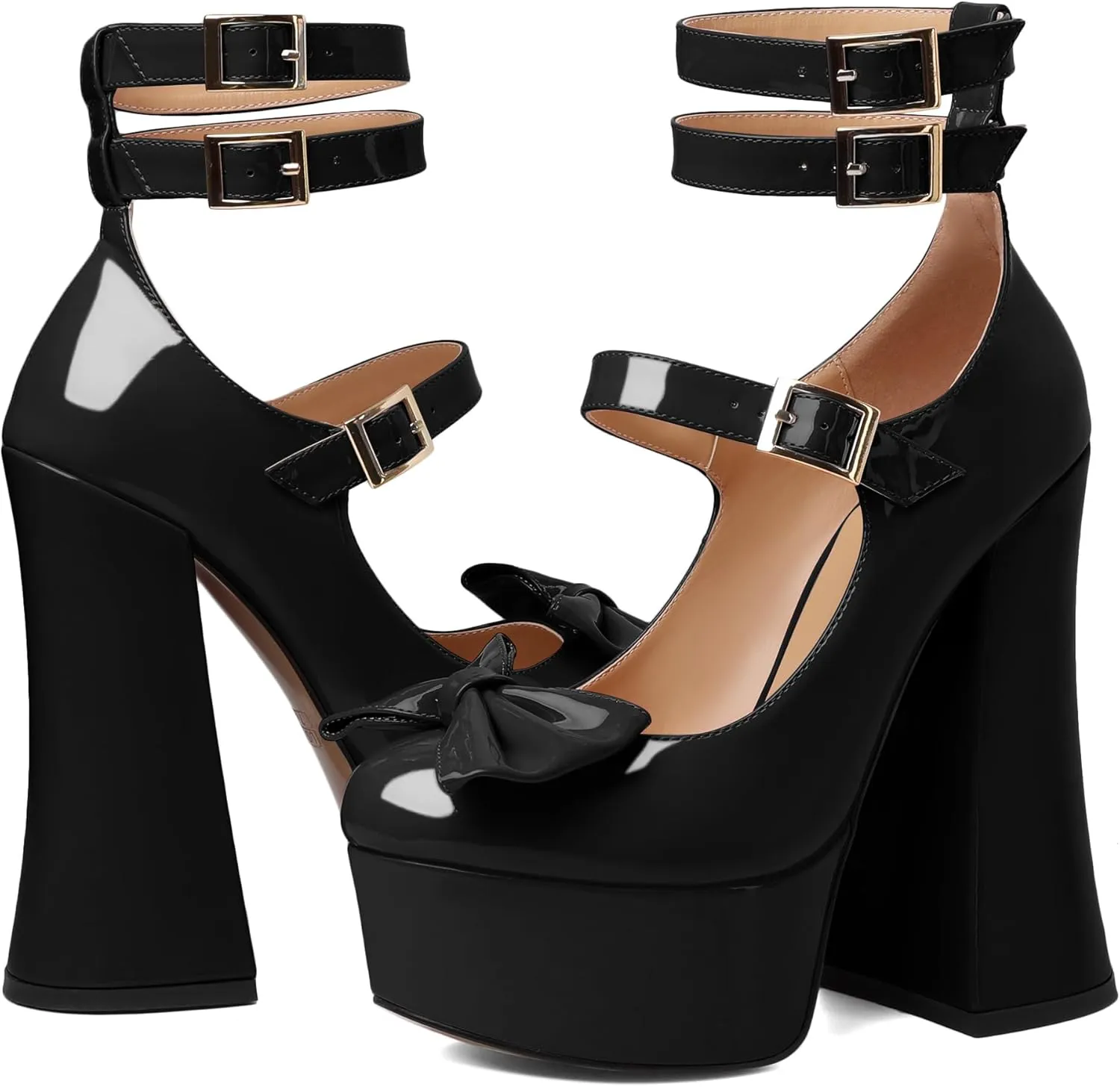 Soireelady Women's Platform Chunky Heels, Round Toe Mary Jane Pumps, Block High Heels with Ankle Strap, Dressy Shoes for Party, Wedding, Evening Sexy