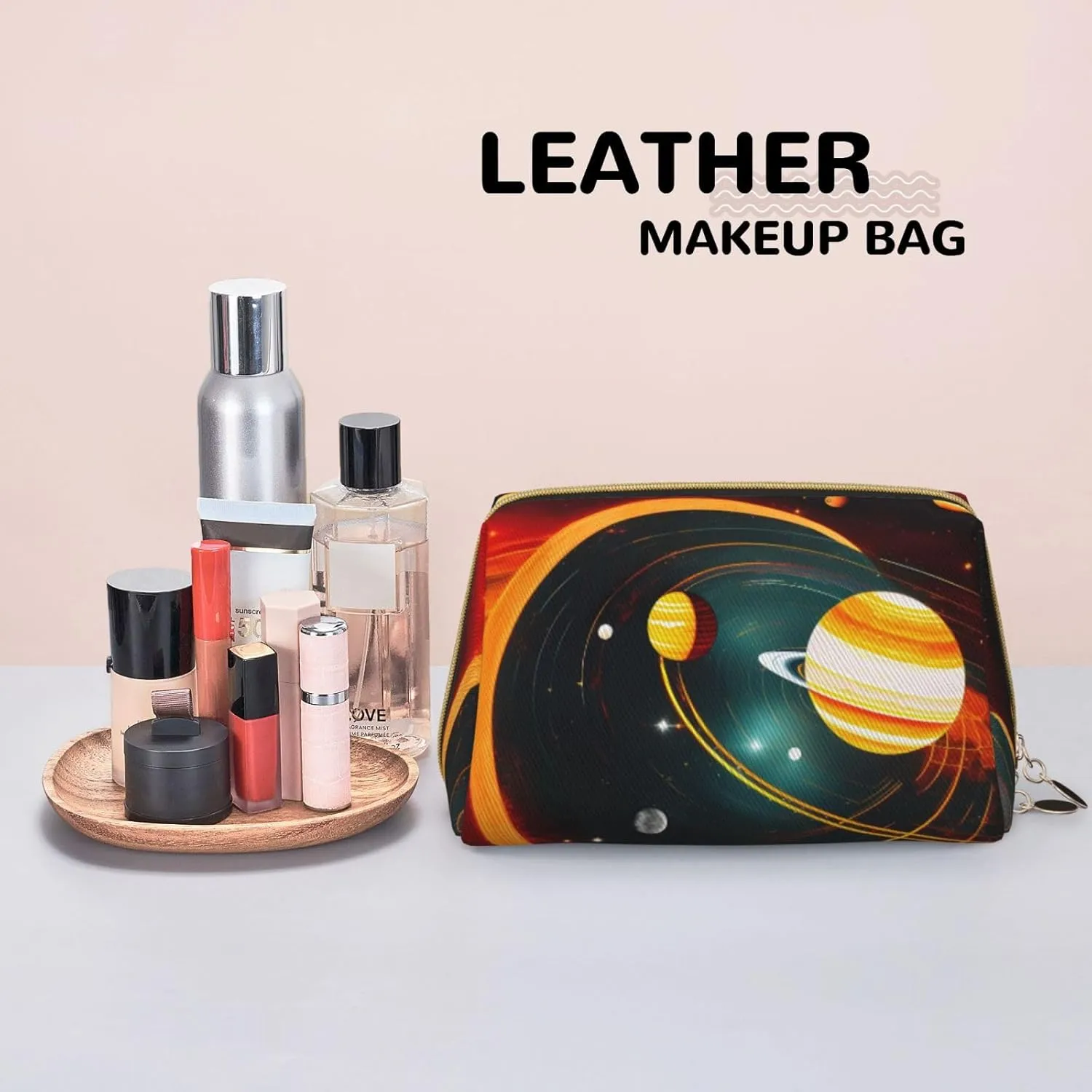 Solar System Jupiter Saturn Leather Toiletry Travel Bag, Compact Makeup Organizer For Women
