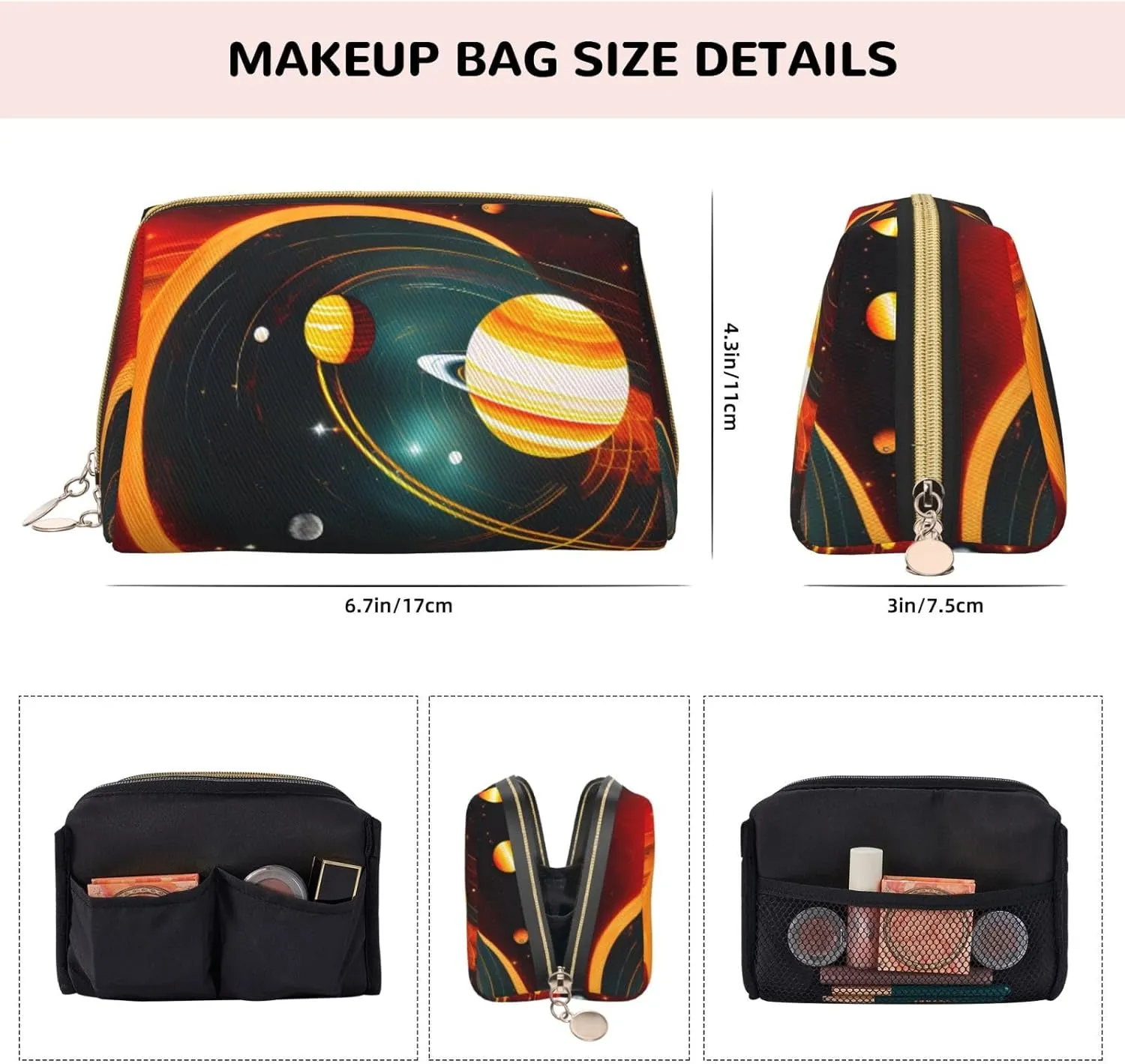 Solar System Jupiter Saturn Leather Toiletry Travel Bag, Compact Makeup Organizer For Women