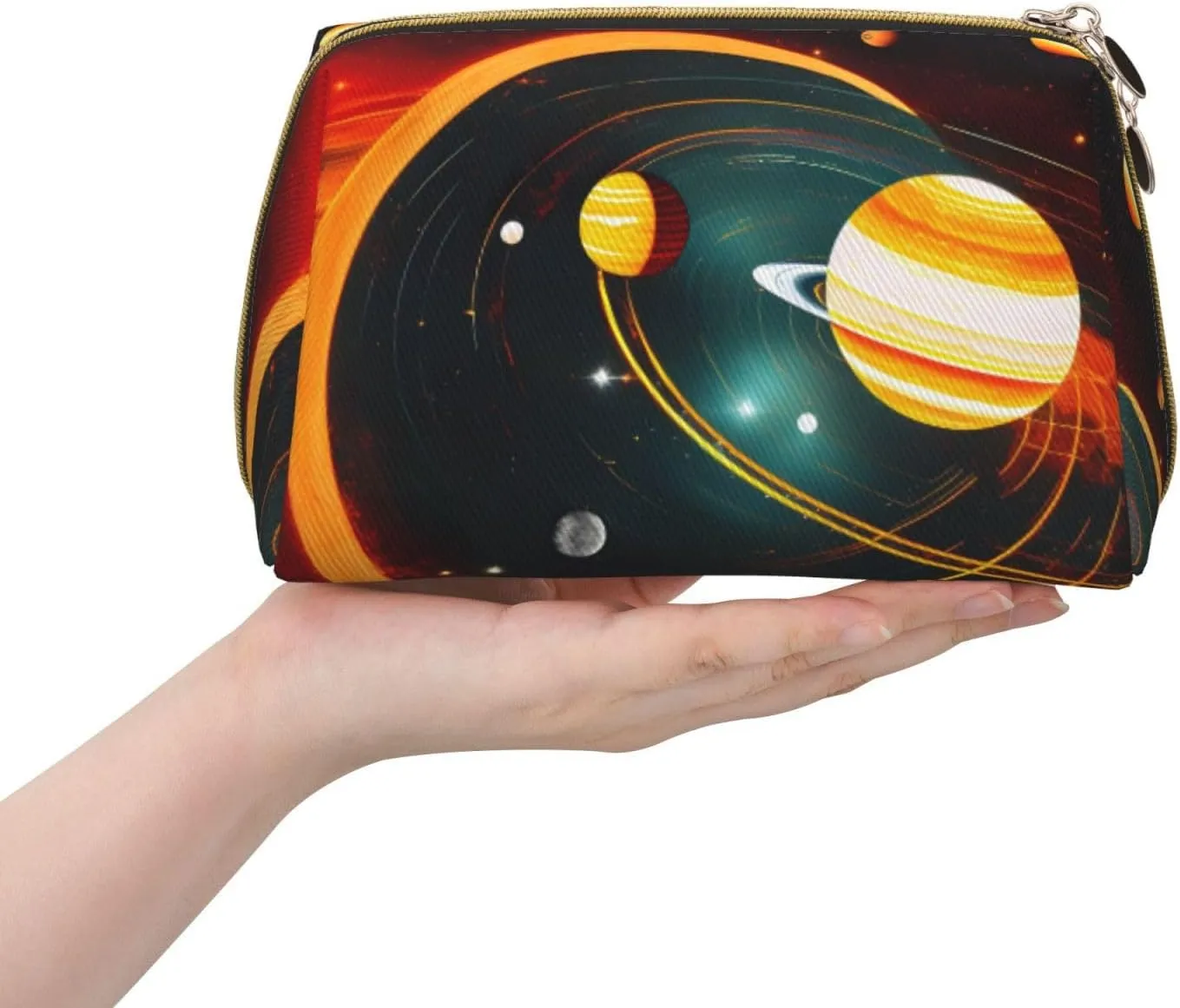 Solar System Jupiter Saturn Leather Toiletry Travel Bag, Compact Makeup Organizer For Women