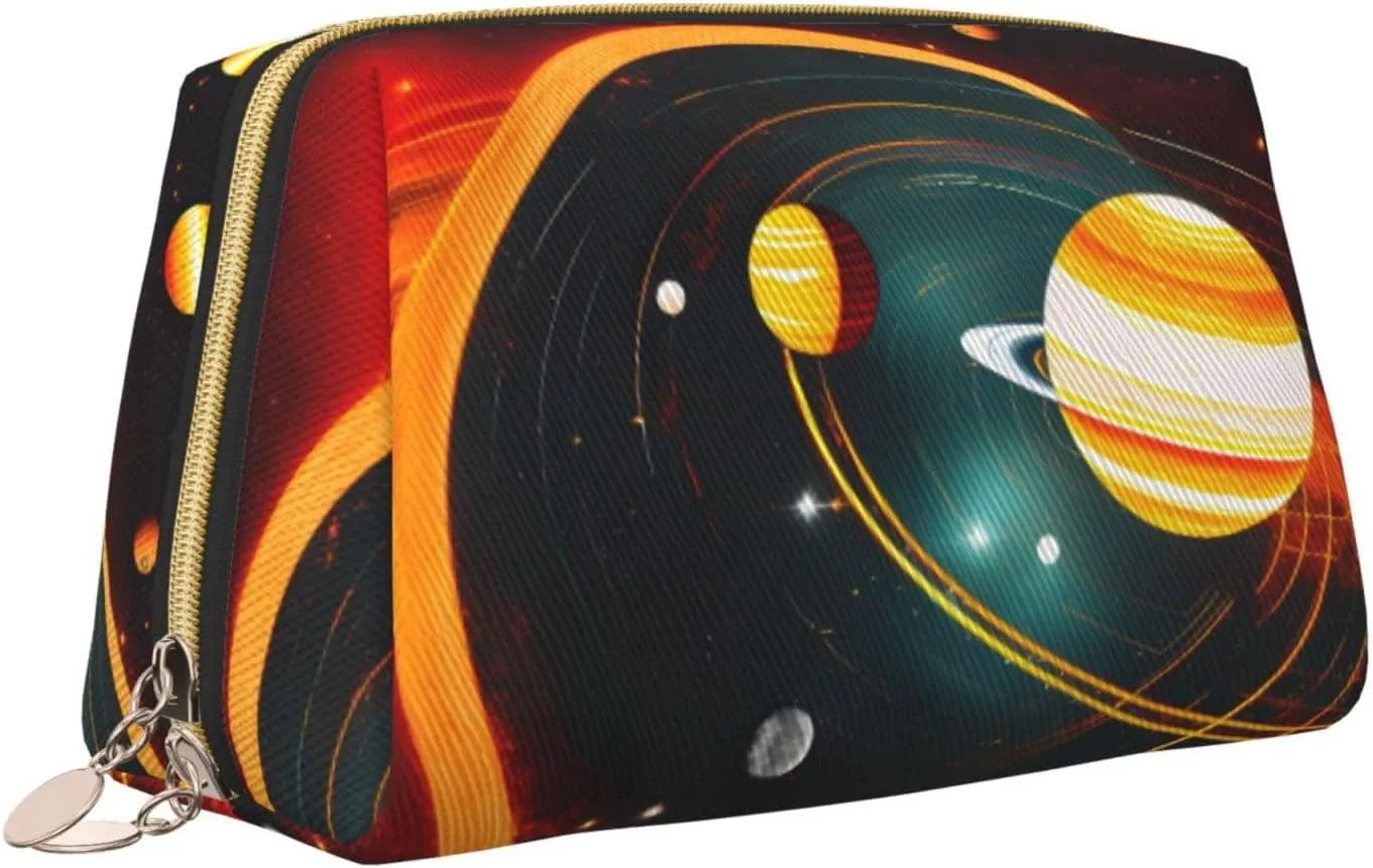 Solar System Jupiter Saturn Leather Toiletry Travel Bag, Compact Makeup Organizer For Women