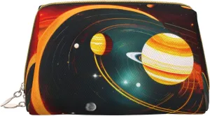 Solar System Jupiter Saturn Leather Toiletry Travel Bag, Compact Makeup Organizer For Women