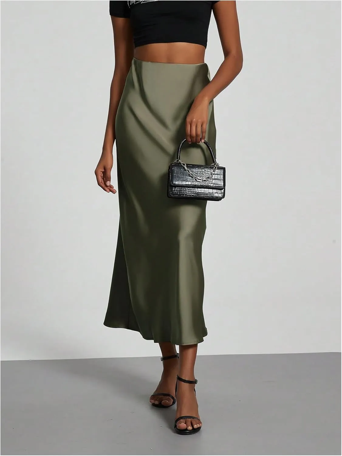 SOLY HUX Women's Elegant Satin Skirts High Waisted Flared Casual Work Office Fishtail Midi Skirt
