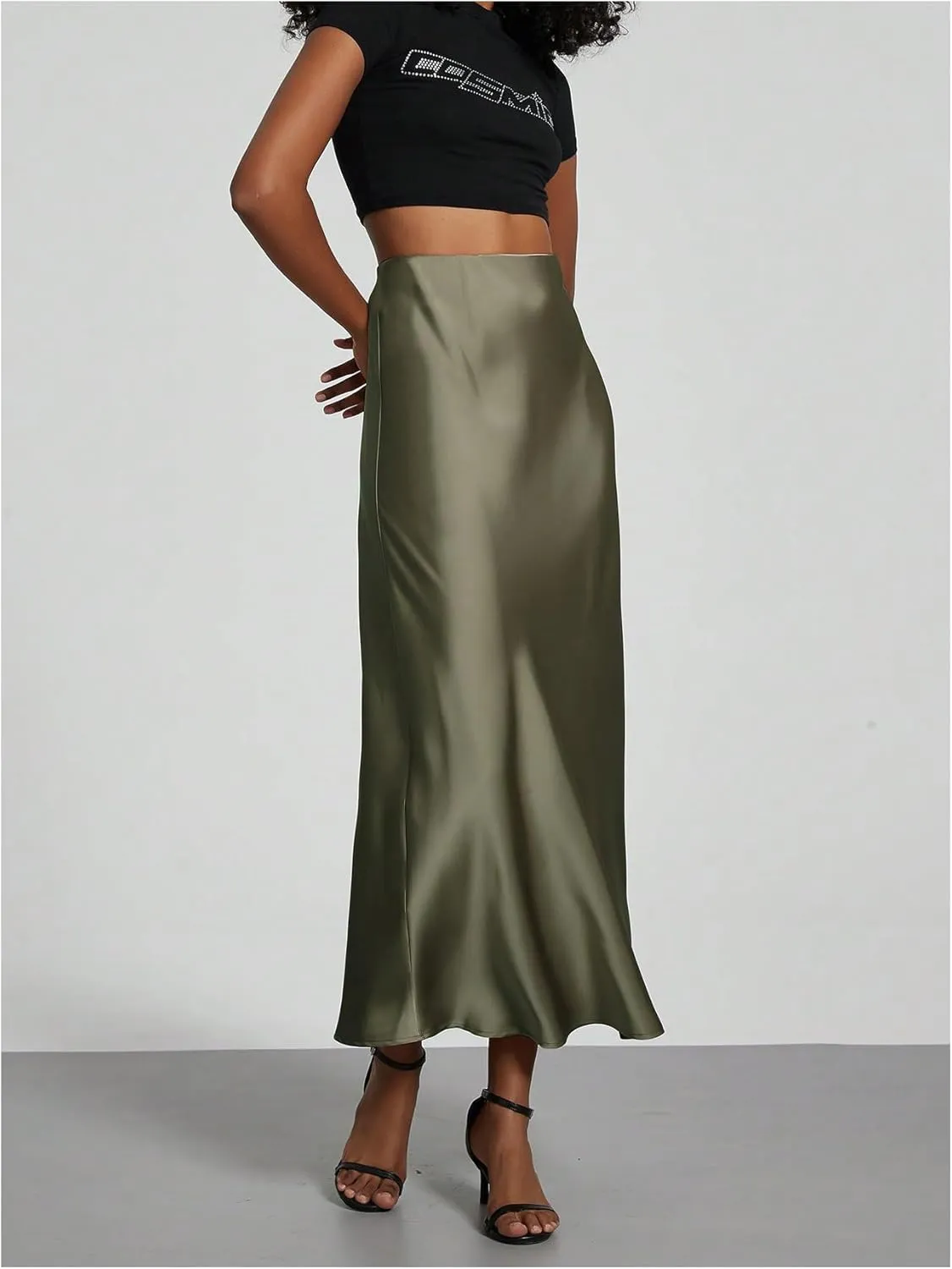 SOLY HUX Women's Elegant Satin Skirts High Waisted Flared Casual Work Office Fishtail Midi Skirt