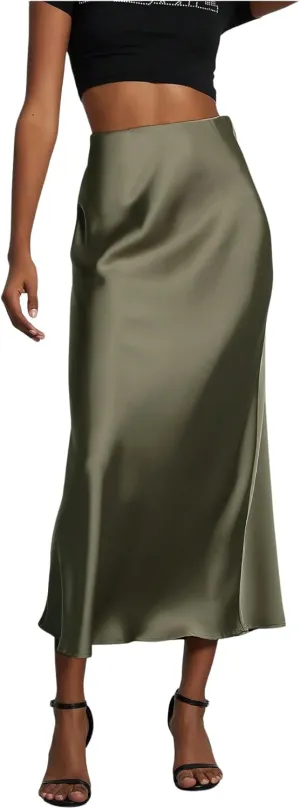 SOLY HUX Women's Elegant Satin Skirts High Waisted Flared Casual Work Office Fishtail Midi Skirt