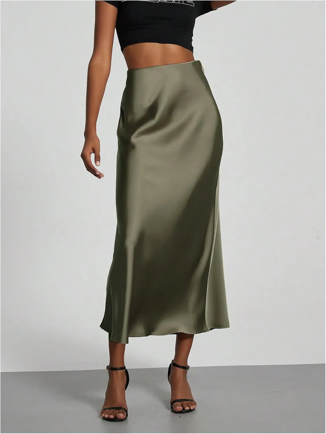 SOLY HUX Women's Elegant Satin Skirts High Waisted Flared Casual Work Office Fishtail Midi Skirt