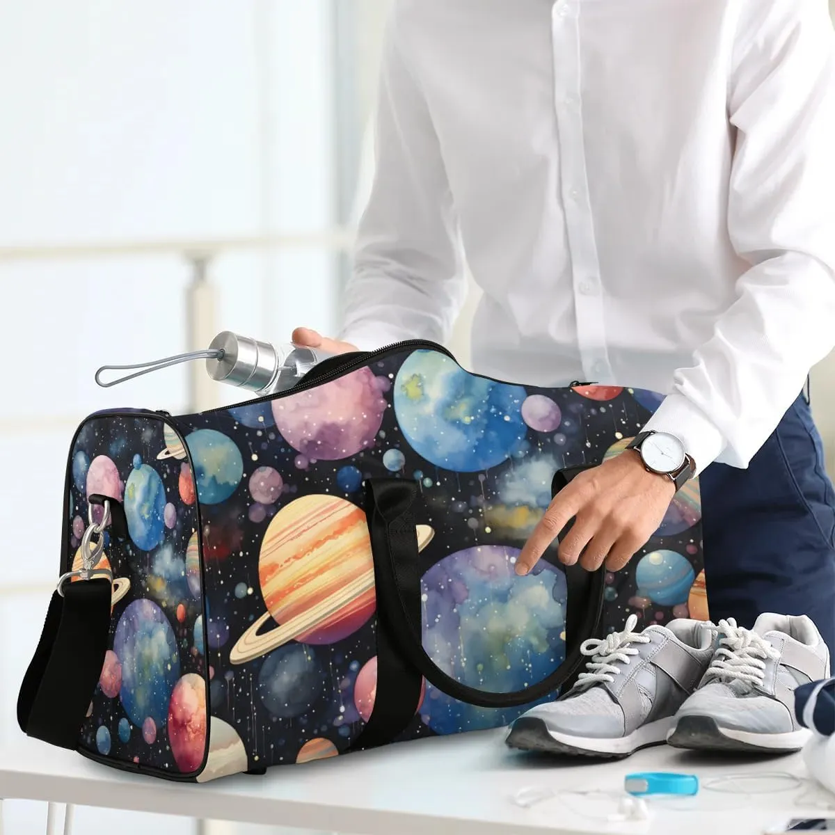 Space Planet Print Travel Duffel Bag for Women Men Waterproof Foldable Overnight Weekender Bag Large Capacity Sports Gym Bag