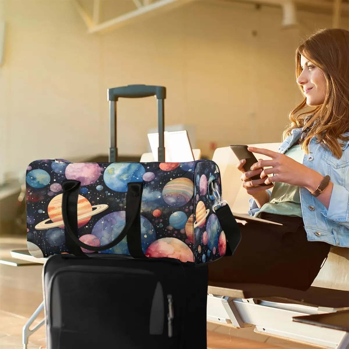 Space Planet Print Travel Duffel Bag for Women Men Waterproof Foldable Overnight Weekender Bag Large Capacity Sports Gym Bag