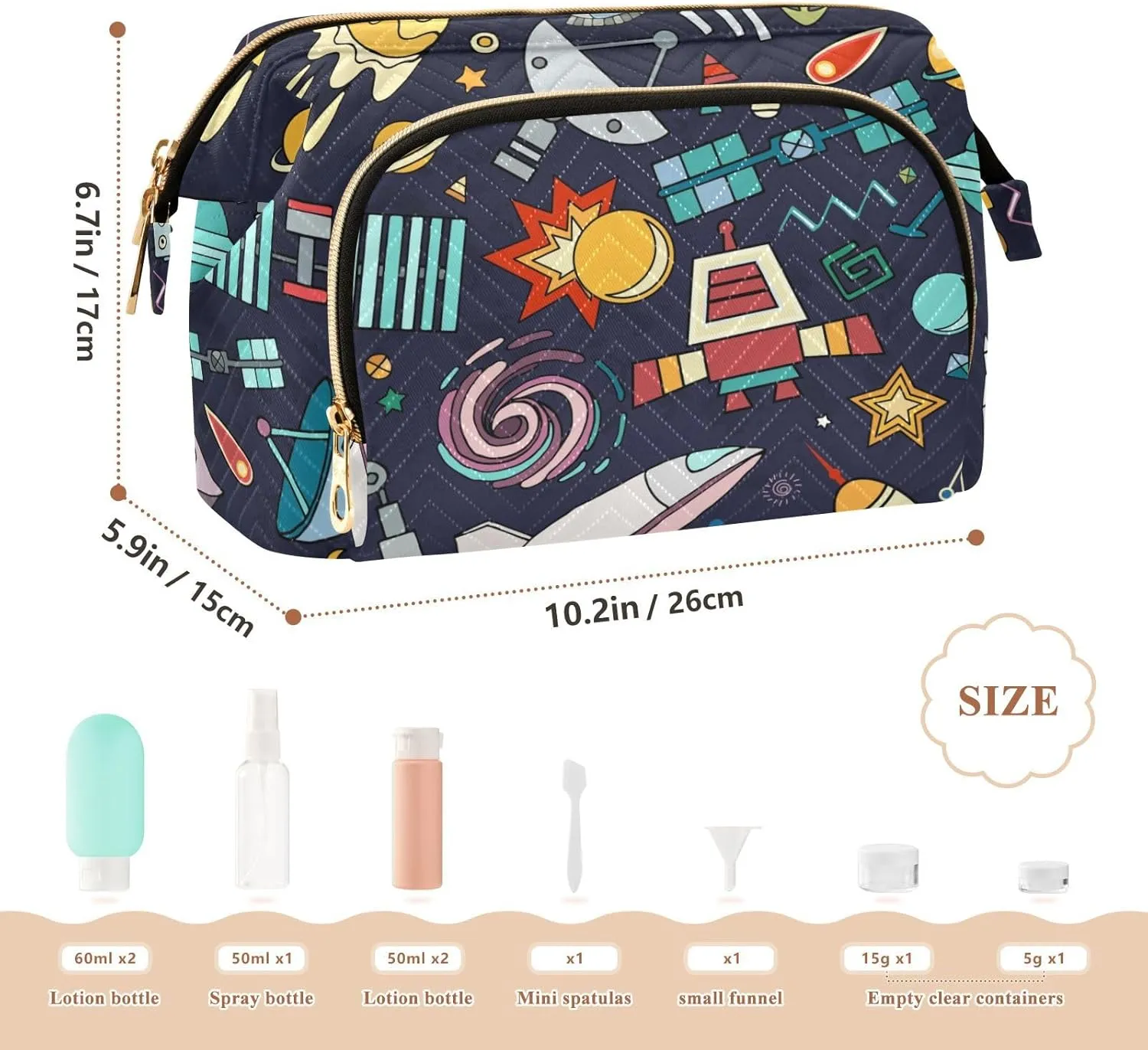 Space Solar System Moon Astronaut Planet Rocket Earth Universe Women Cosmetic Bag Makeup Bag Stylish Trip Beauty Bag Travel Toiletry Bag with Bottle Organizer 10.2 x 5.9 x 6.7 inch