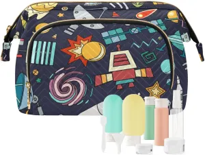 Space Solar System Moon Astronaut Planet Rocket Earth Universe Women Cosmetic Bag Makeup Bag Stylish Trip Beauty Bag Travel Toiletry Bag with Bottle Organizer 10.2 x 5.9 x 6.7 inch