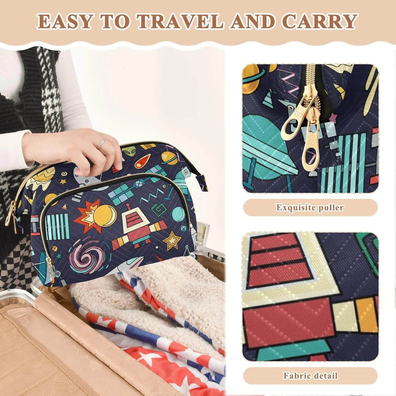 Space Solar System Moon Astronaut Planet Rocket Earth Universe Women Cosmetic Bag Makeup Bag Stylish Trip Beauty Bag Travel Toiletry Bag with Bottle Organizer 10.2 x 5.9 x 6.7 inch