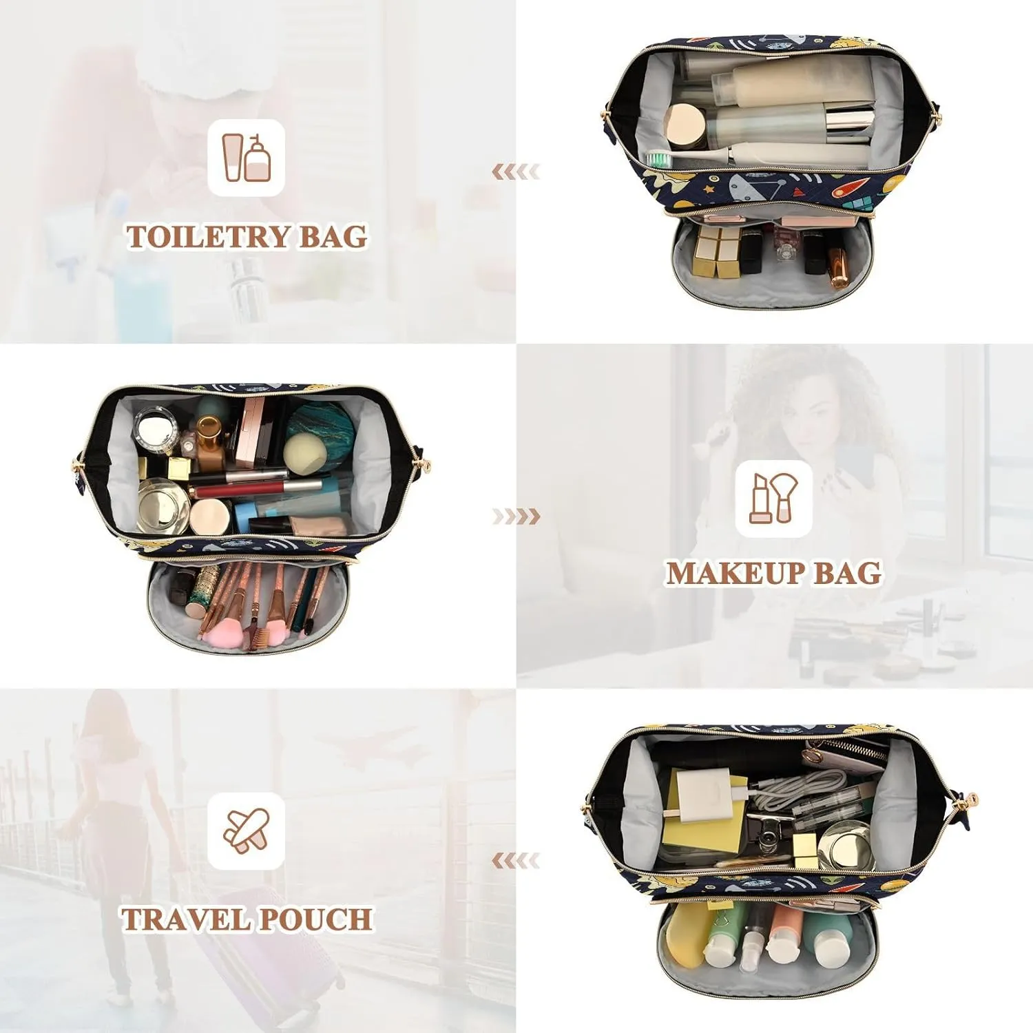 Space Solar System Moon Astronaut Planet Rocket Earth Universe Women Cosmetic Bag Makeup Bag Stylish Trip Beauty Bag Travel Toiletry Bag with Bottle Organizer 10.2 x 5.9 x 6.7 inch