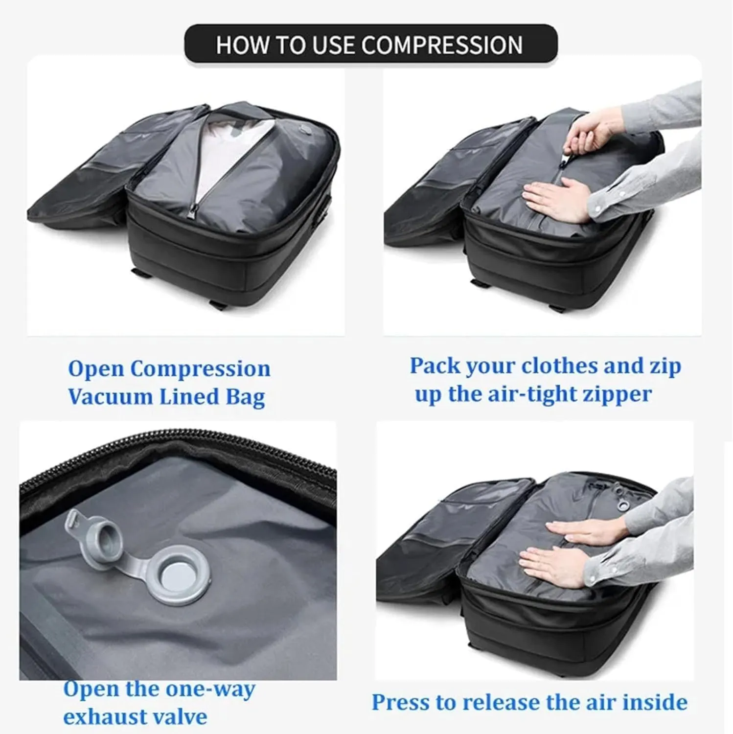 Space Vac Backpack, Spacevac Vacuum Compression Backpack,Expandable Waterproof Multifunctional Travel Password TSA Lock Bag (Blue-with Air Pump)