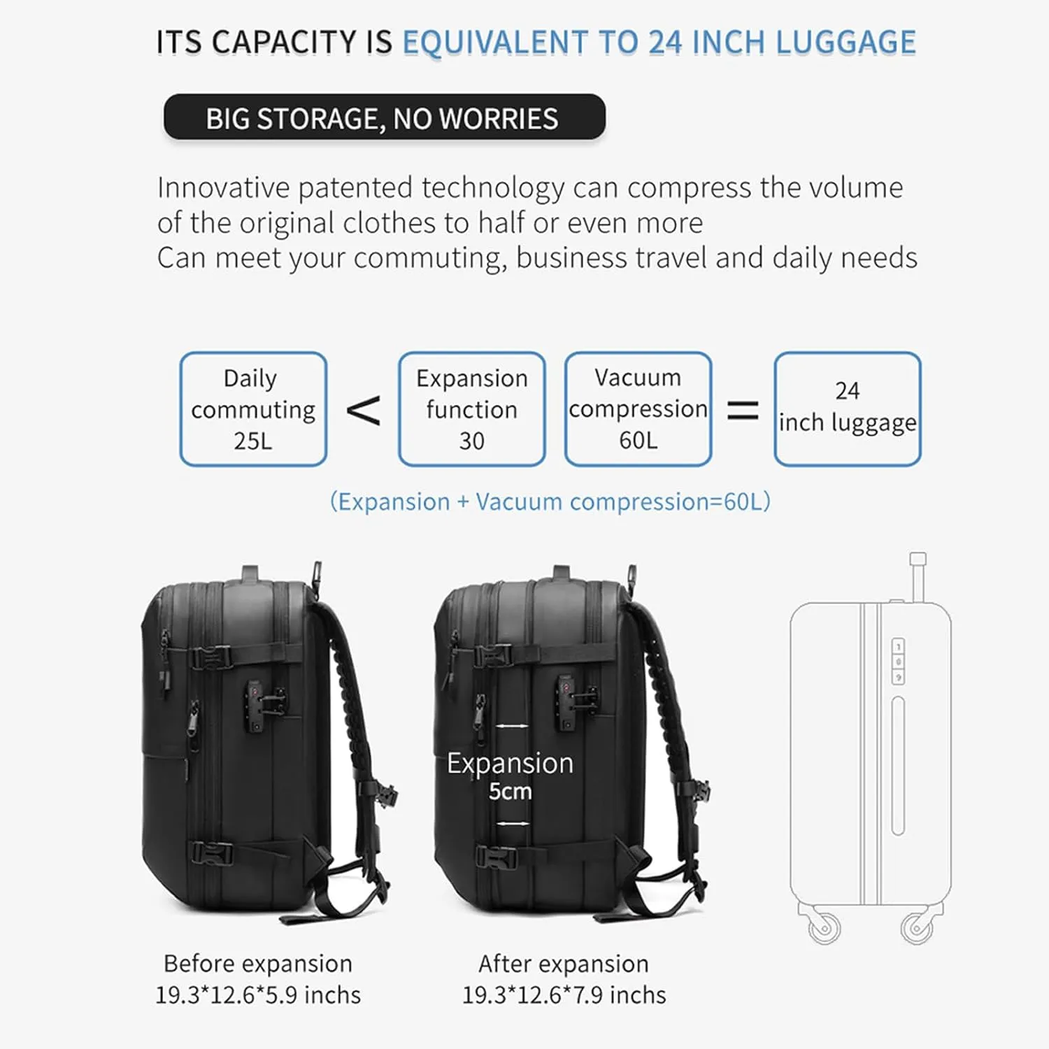 Space Vac Backpack, Spacevac Vacuum Compression Backpack,Expandable Waterproof Multifunctional Travel Password TSA Lock Bag (Blue-with Air Pump)
