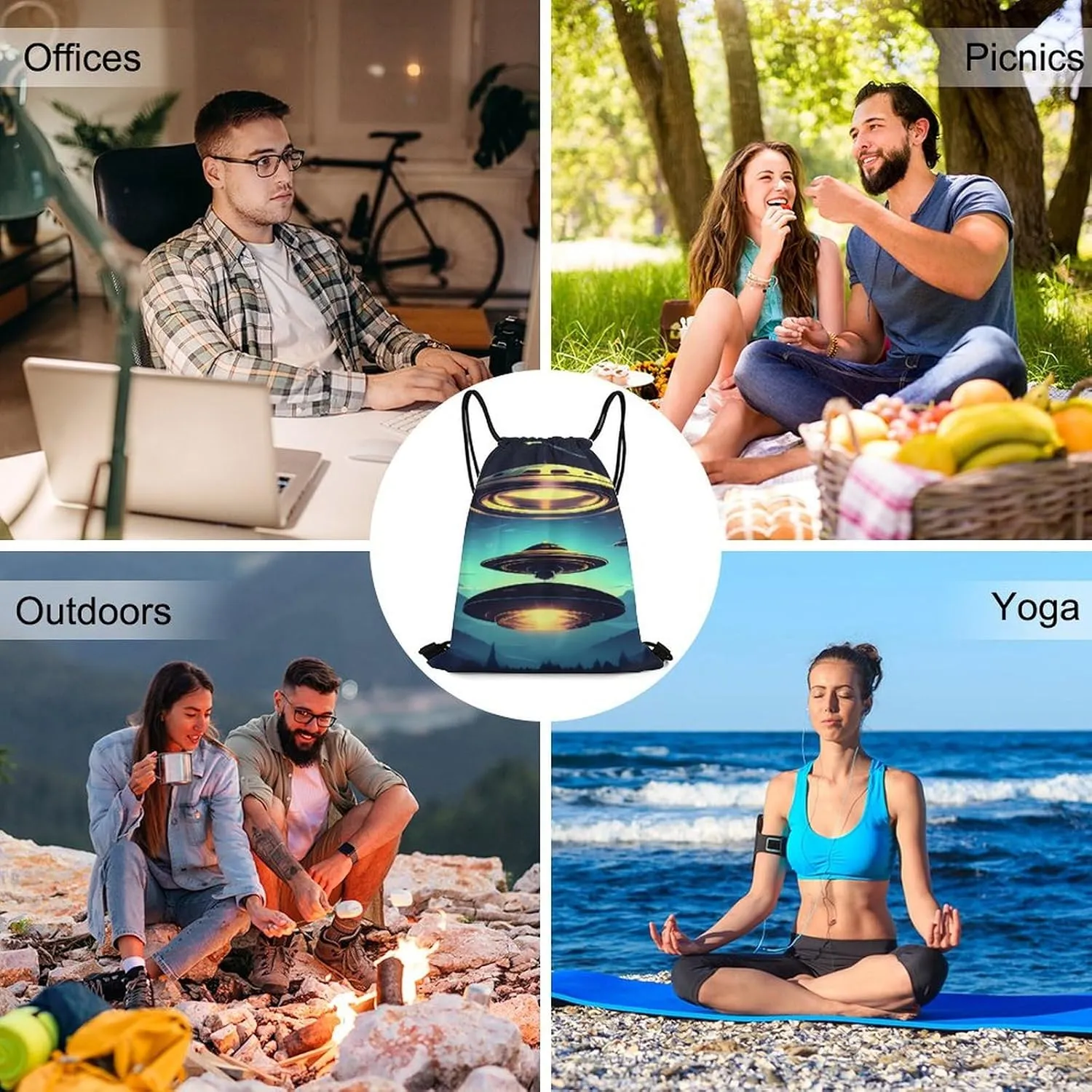 Spacecraft Descend Drawstring Backpack Travel Sports Drawstring Bags Portable Storage Gym Bag for Men Women