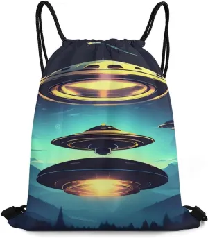 Spacecraft Descend Drawstring Backpack Travel Sports Drawstring Bags Portable Storage Gym Bag for Men Women