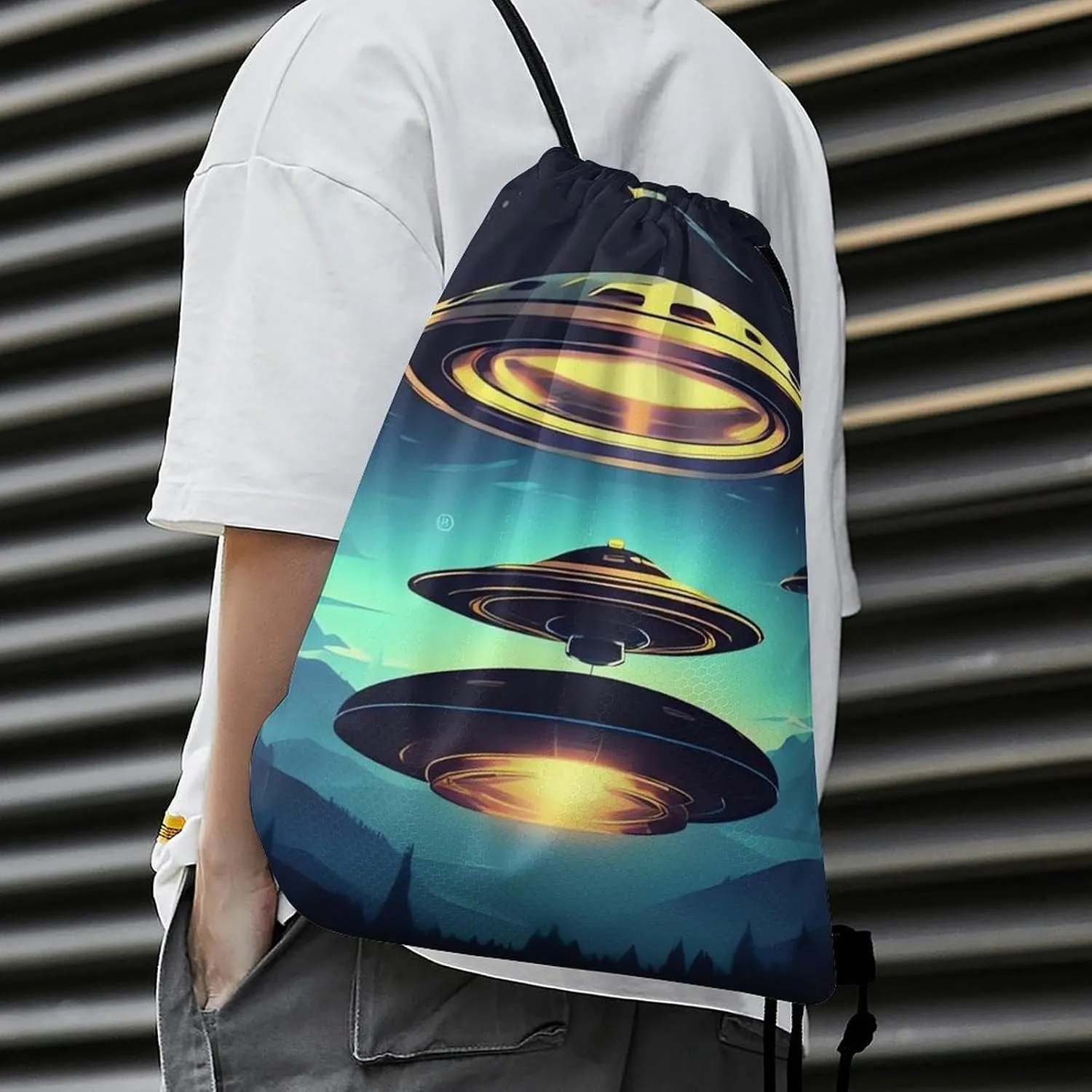 Spacecraft Descend Drawstring Backpack Travel Sports Drawstring Bags Portable Storage Gym Bag for Men Women
