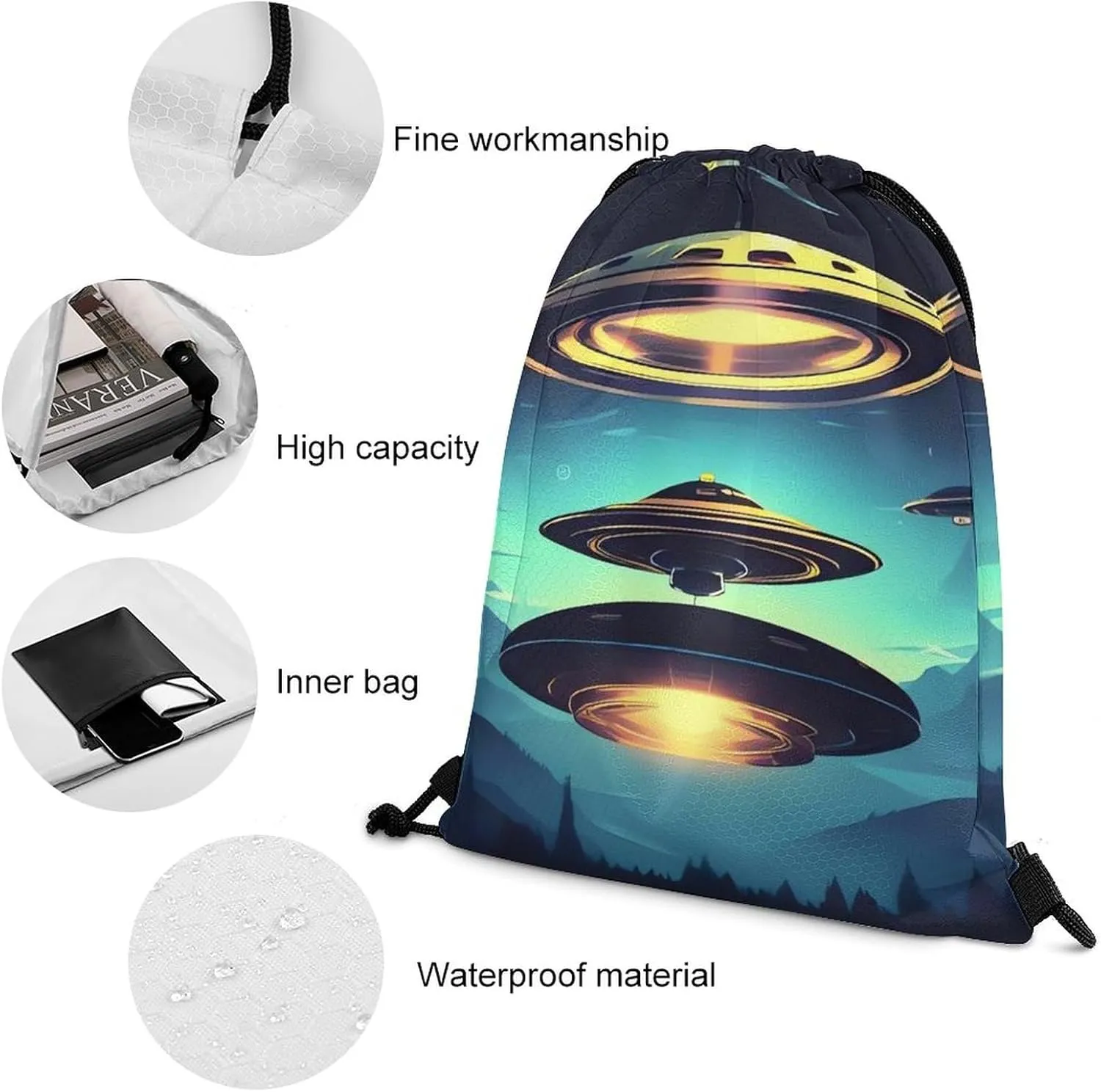 Spacecraft Descend Drawstring Backpack Travel Sports Drawstring Bags Portable Storage Gym Bag for Men Women