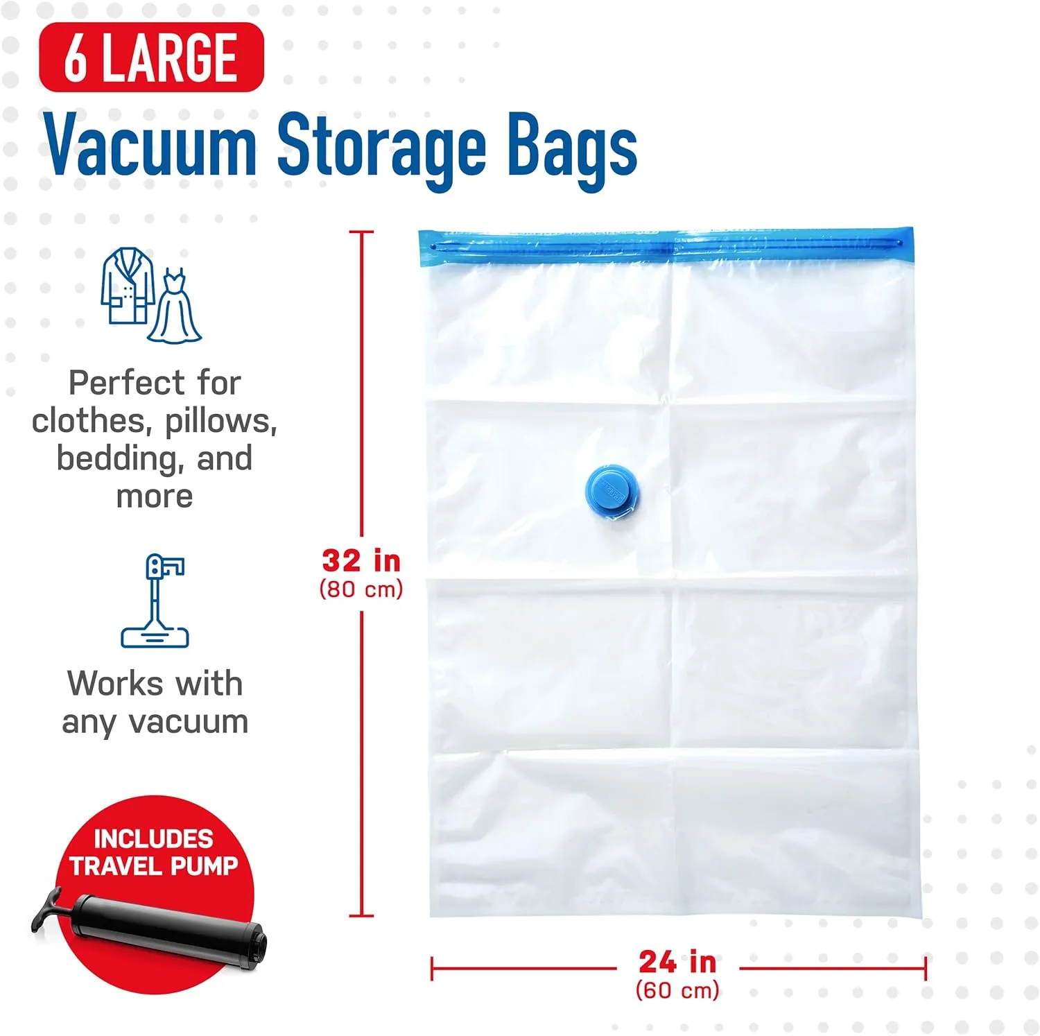 Spacesaver Bags, 80% More Storage, Hand-Pump for Travel, Space Saver Vacuum Storage Bags with Double-Zip Seal and Triple Seal Turbo-Valve for Max Space Saving in storaging Bag (Large 6 Pack)