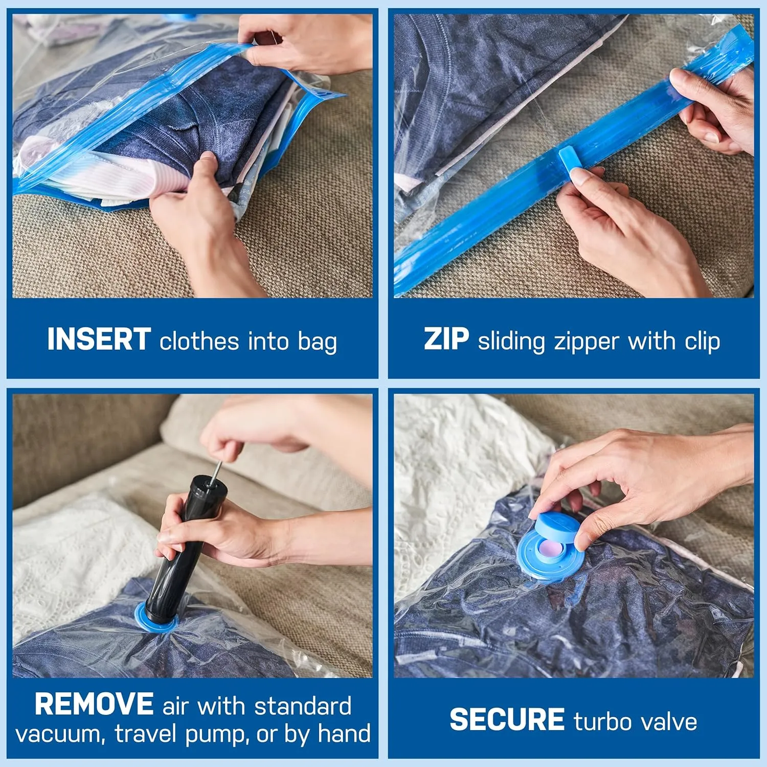 Spacesaver Bags, 80% More Storage, Hand-Pump for Travel, Space Saver Vacuum Storage Bags with Double-Zip Seal and Triple Seal Turbo-Valve for Max Space Saving in storaging Bag (Large 6 Pack)